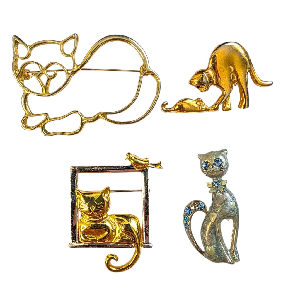 Vintage Feline Cat Brooch Lot 4pc Gold Silver Tone Rhinestone Enamel Cat Lady